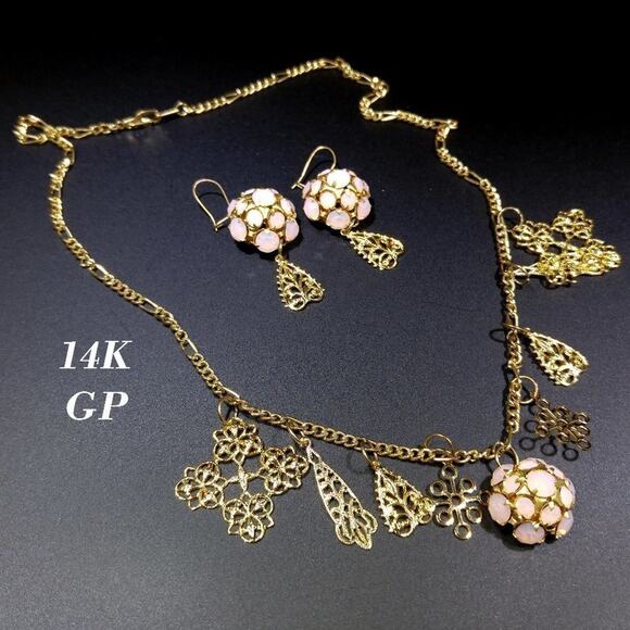 Vintage 1990s Faux Opal Rhinestone Charm Necklace Earrings Set 14K Gold Plated - Picture 2 of 8